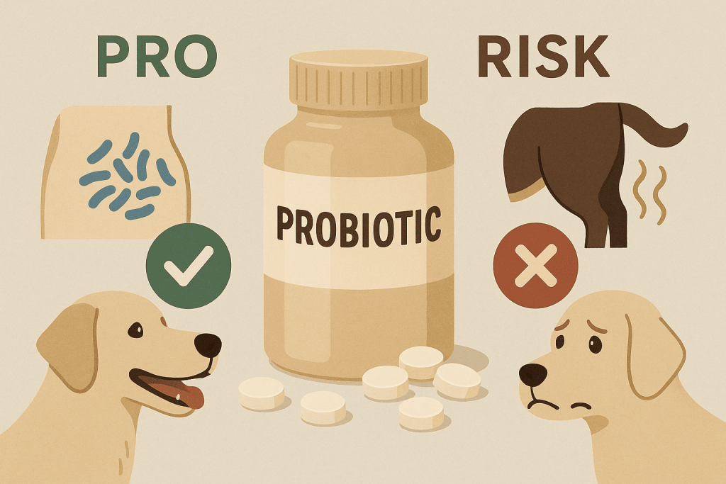 How to give dog probiotics—pros and risks infographic with probiotic bottle, tablets, and dogs