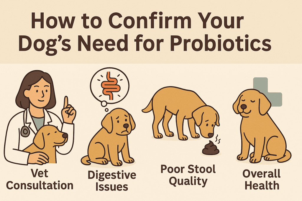How to confirm your dog’s need for probiotics—infographic with vet consultation, digestive issues, poor stool quality, and overall health checklist