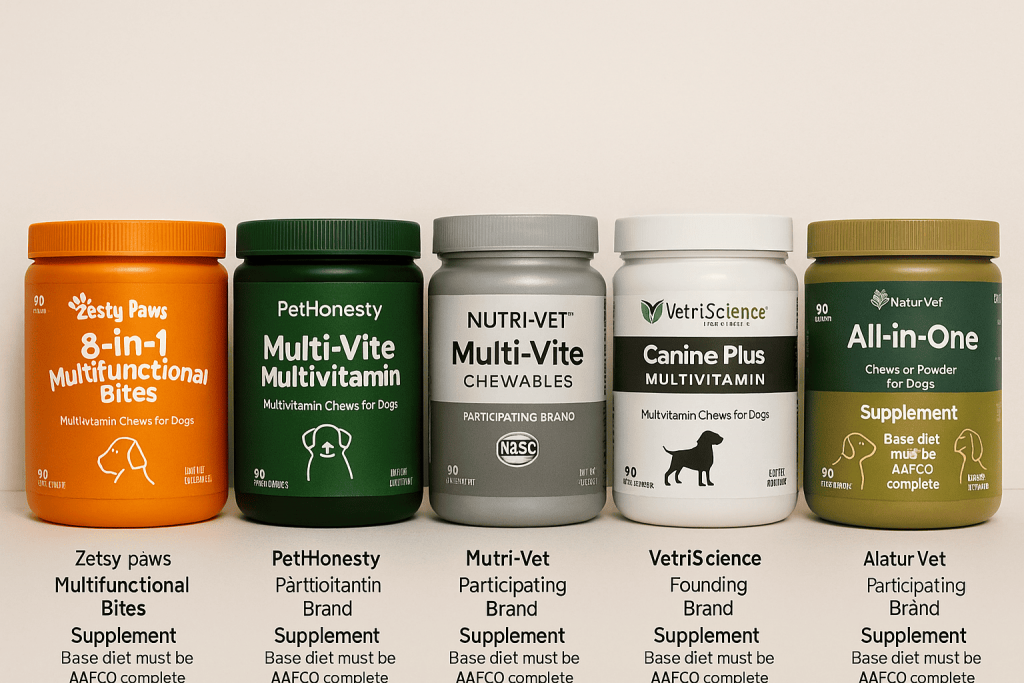 Dog multivitamins comparison—Zesty Paws, PetHonesty, Nutri-Vet, VetriScience and NaturVet; how to choose a NASC-verified product