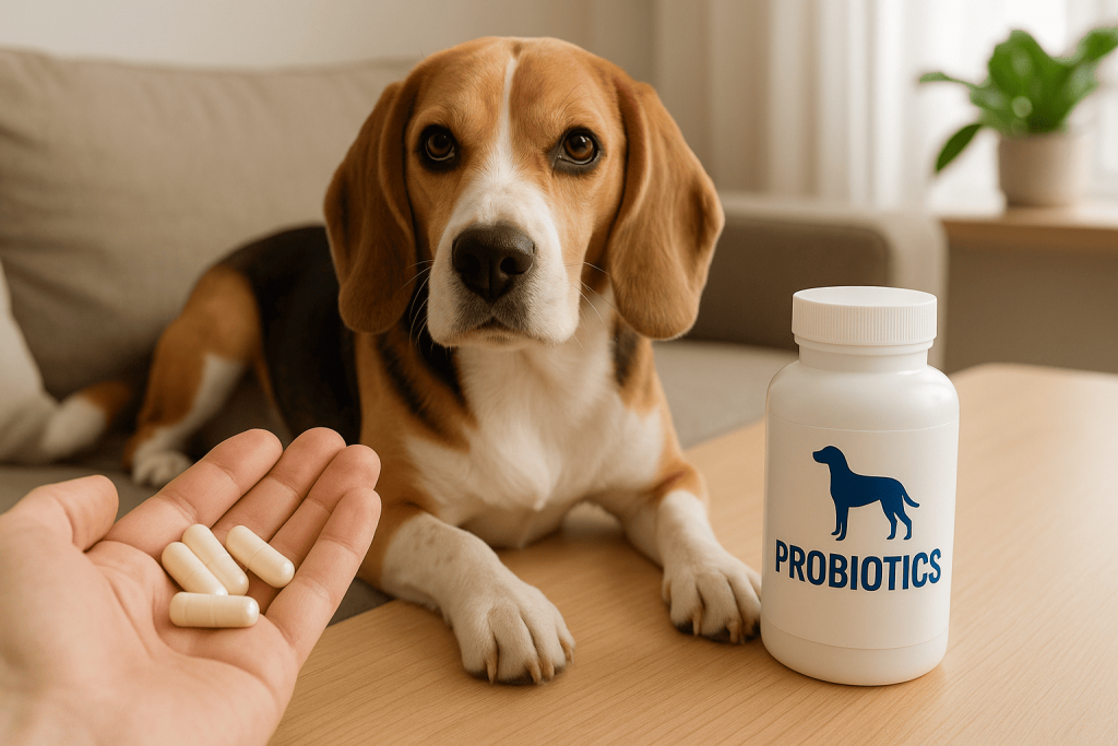 Dog probiotics dosage and duration—beagle beside probiotic bottle and capsules