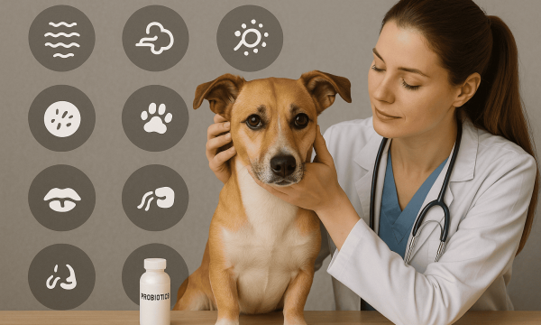 10 signs your dog needs probiotics—2025 veterinarian guide; vet holding a dog with gut health and immunity icons
