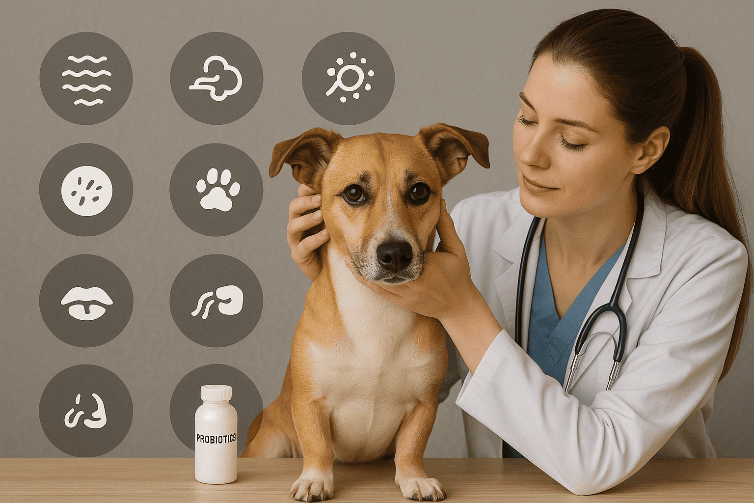 10 signs your dog needs probiotics—2025 veterinarian guide; vet holding a dog with gut health and immunity icons