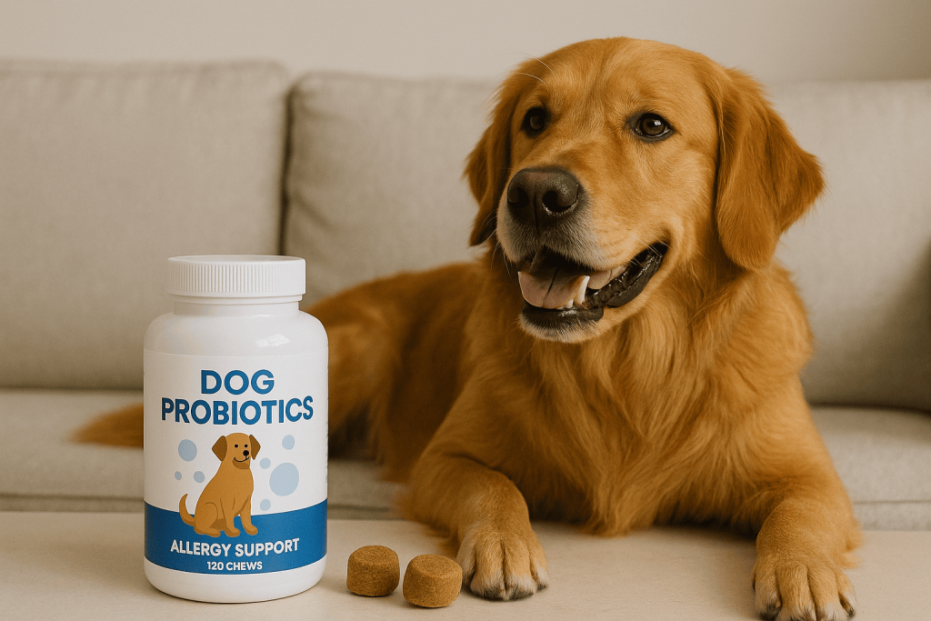 Best dog probiotics for allergies—golden retriever with probiotic bottle; vet-approved guide to itch relief and gut health