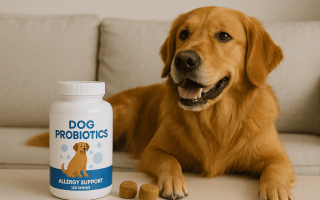 Best dog probiotics for allergies—golden retriever with probiotic bottle; vet-approved guide to itch relief and gut health
