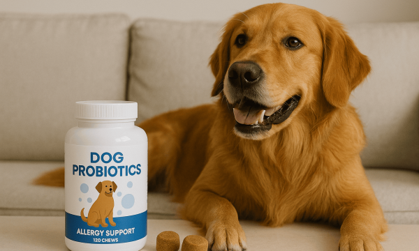 Best dog probiotics for allergies—golden retriever with probiotic bottle; vet-approved guide to itch relief and gut health