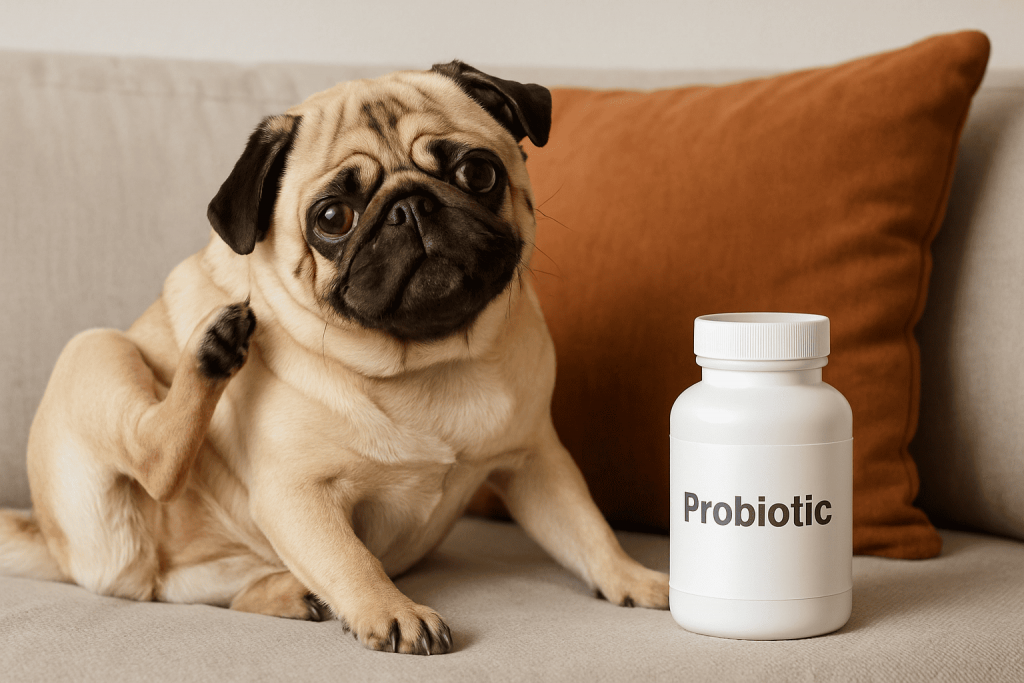 Dog probiotics dosage and safety—pug scratching beside probiotic bottle; CFU guidelines and four-week transition tips