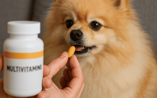 Can you give your dog multivitamins—Pomeranian taking a multivitamin chew beside bottle; vet-approved safety and dosage guide