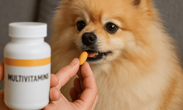 Can you give your dog multivitamins—Pomeranian taking a multivitamin chew beside bottle; vet-approved safety and dosage guide
