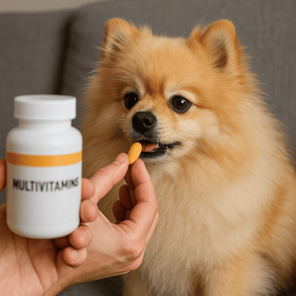 Can you give your dog multivitamins—Pomeranian taking a multivitamin chew beside bottle; vet-approved safety and dosage guide