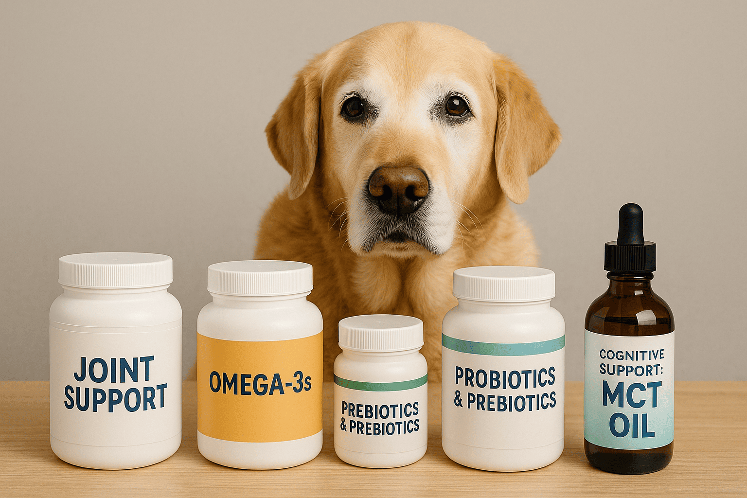 Evidence-based supplements for senior dogs—glucosamine/chondroitin, MSM, green-lipped mussel, omega-3 (EPA/DHA), probiotics, MCTs, antioxidants