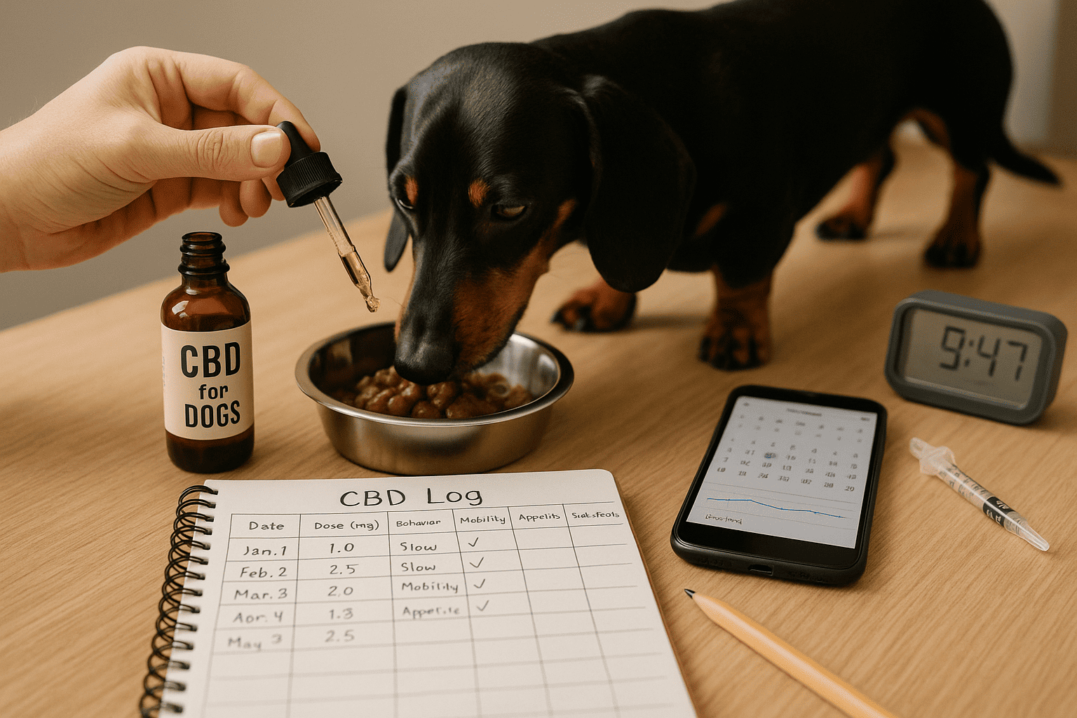How to introduce CBD for dogs—start low, titrate every 3–7 days, and track mobility and activity with simple checklists