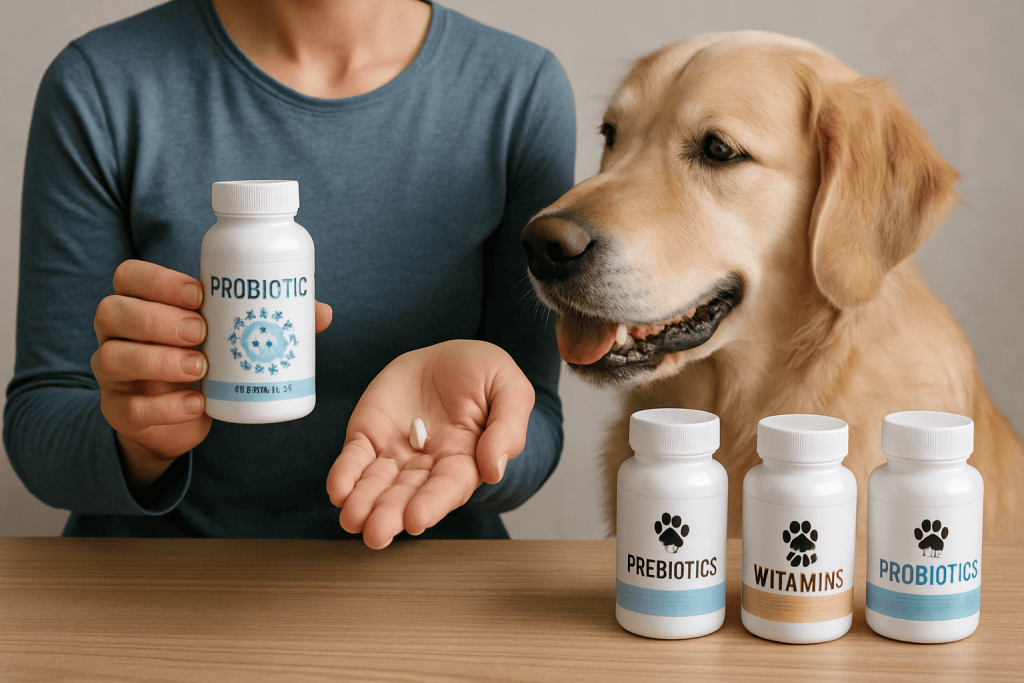 Choosing the right dog probiotics—owner holding capsule beside a golden retriever and bottles labeled prebiotics, vitamins, and probiotics