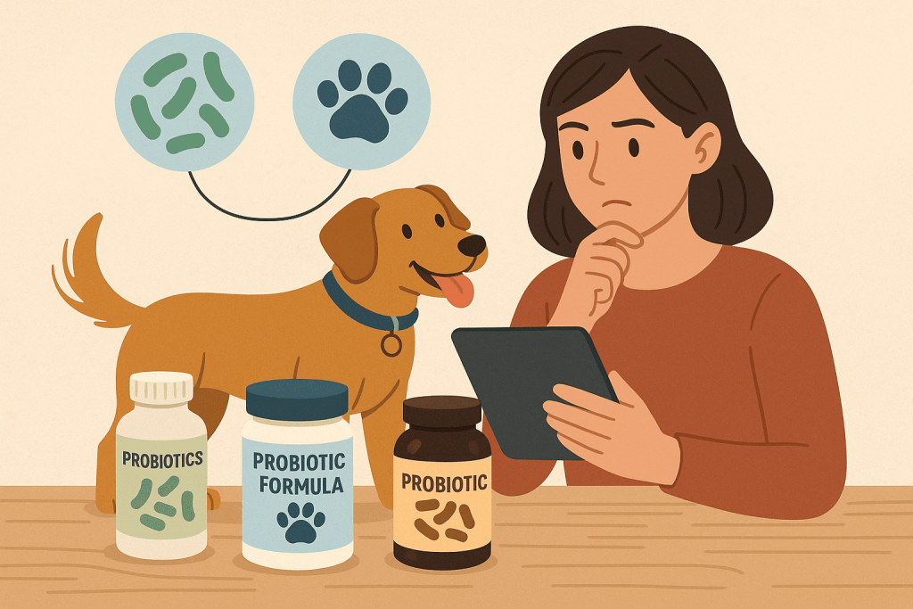 Choosing the right dog probiotic formula—owner comparing canine probiotic bottles with dog; evaluate canine-specific strains, CFU, and quality seals
