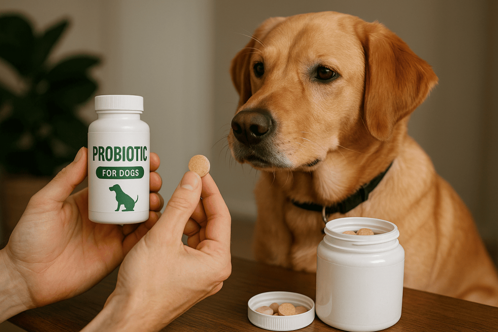 How to choose the best probiotic for your dog—golden retriever with chewable tablet and 'Probiotic for Dogs' bottle on table