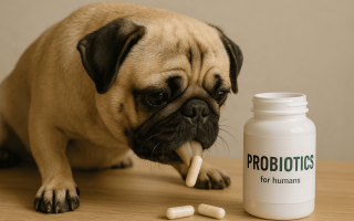 Pug dog next to a probiotics bottle — can dogs take human probiotics safely?