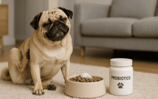 Best dog probiotics for itching—pug beside probiotics bottle; relief for scratching and skin allergies via gut health