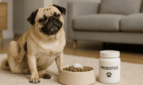Best dog probiotics for itching—pug beside probiotics bottle; relief for scratching and skin allergies via gut health