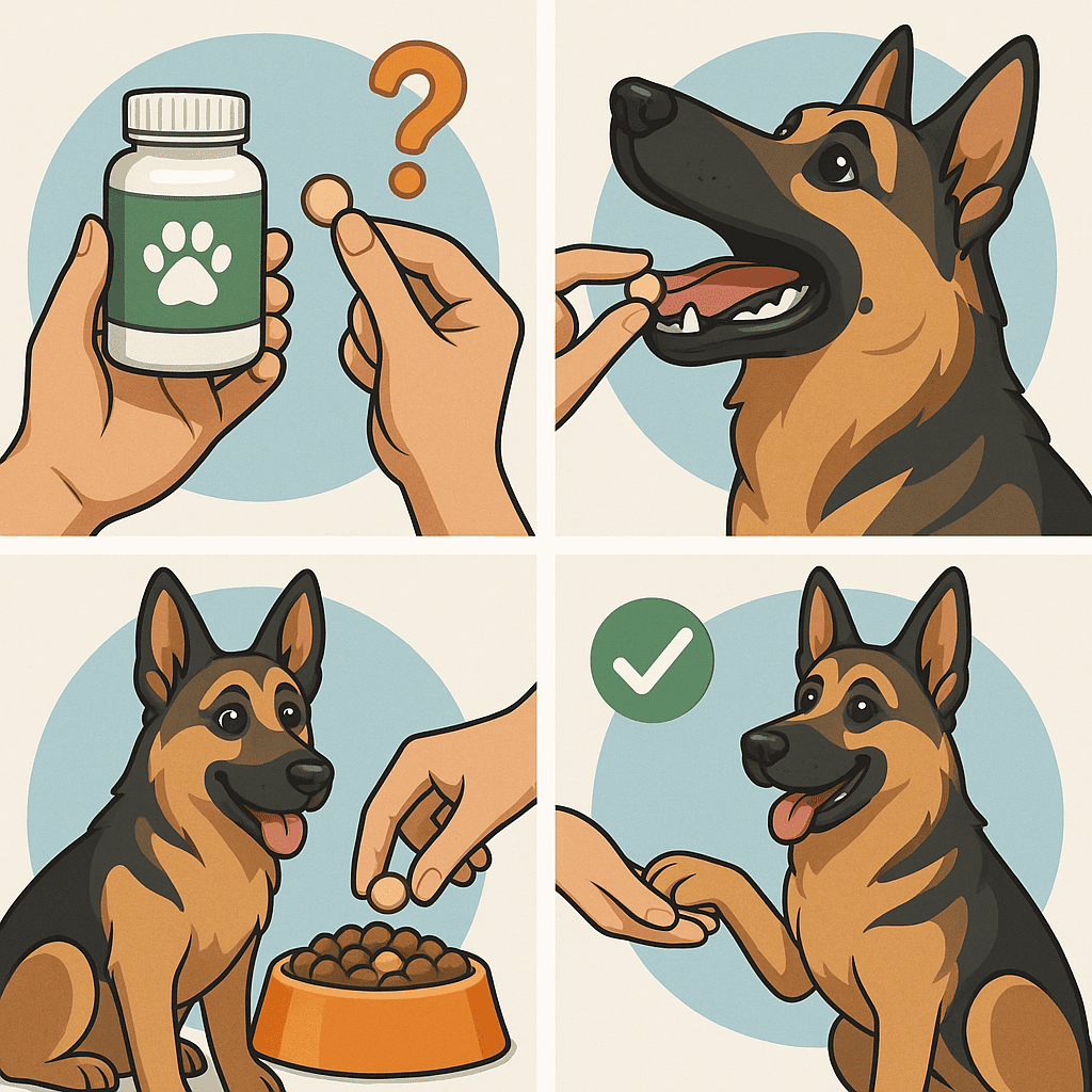 How to introduce a dog multivitamin safely—infographic with German Shepherd: check label, start half dose, give with food, monitor, and see improvement