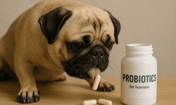 Pug dog next to a probiotics bottle — can dogs take human probiotics safely?