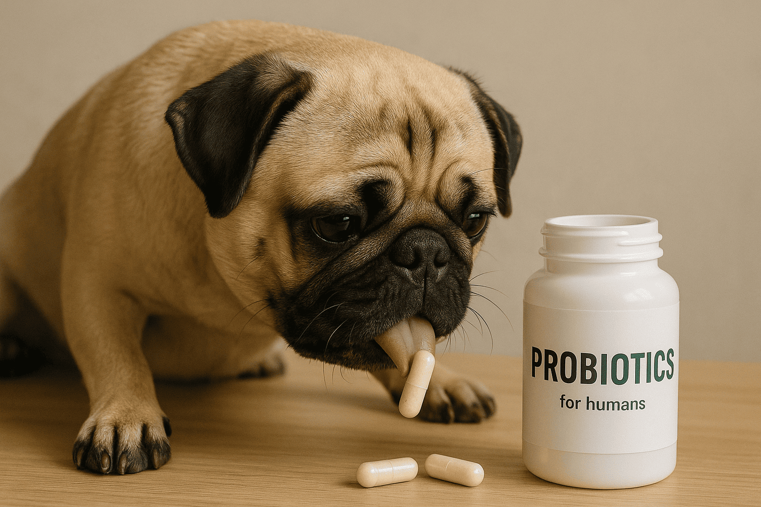 Pug dog next to a probiotics bottle — can dogs take human probiotics safely?