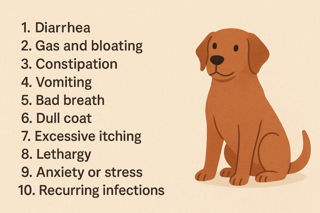 Top 10 signs your dog needs probiotics — diarrhea, gas and bloating, constipation, vomiting, bad breath, dull coat, excessive itching, lethargy, anxiety/stress, recurring infections