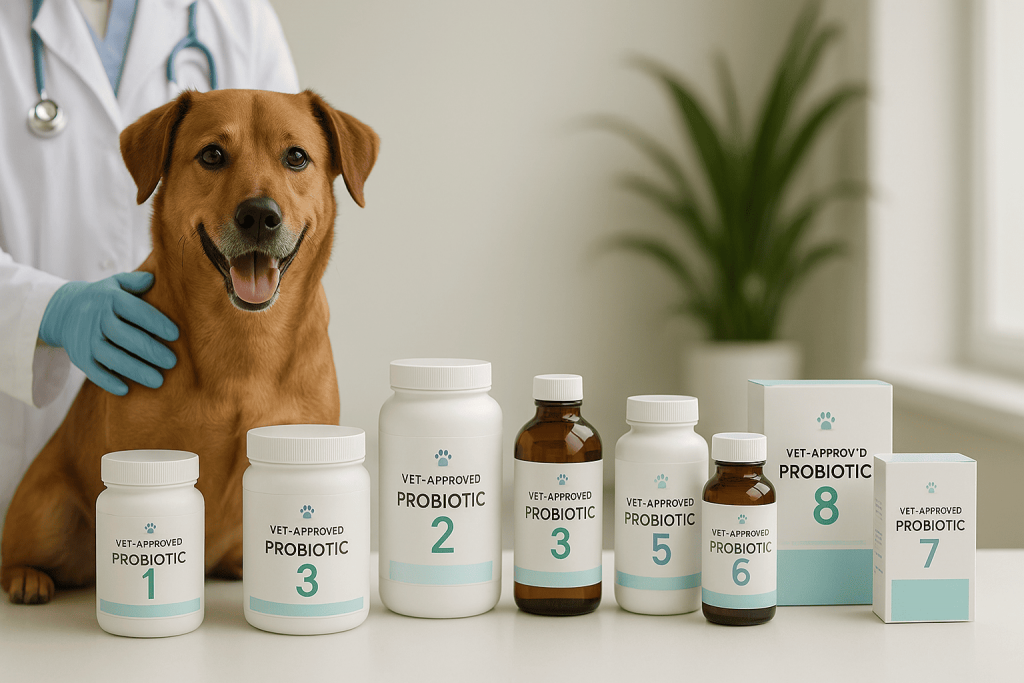 Top 9 vet-approved dog probiotics for itching—veterinarian with dog and probiotic bottles; best options for skin allergy relief