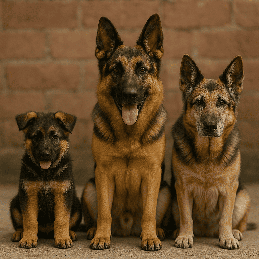 Puppy, adult, and senior German Shepherds—life-stage comparison showing nutrition gaps and when dog multivitamins may help