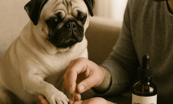 Vitamin E oil for dogs—pug getting paw treated beside vitamin E bottle; vet-approved safe topical use