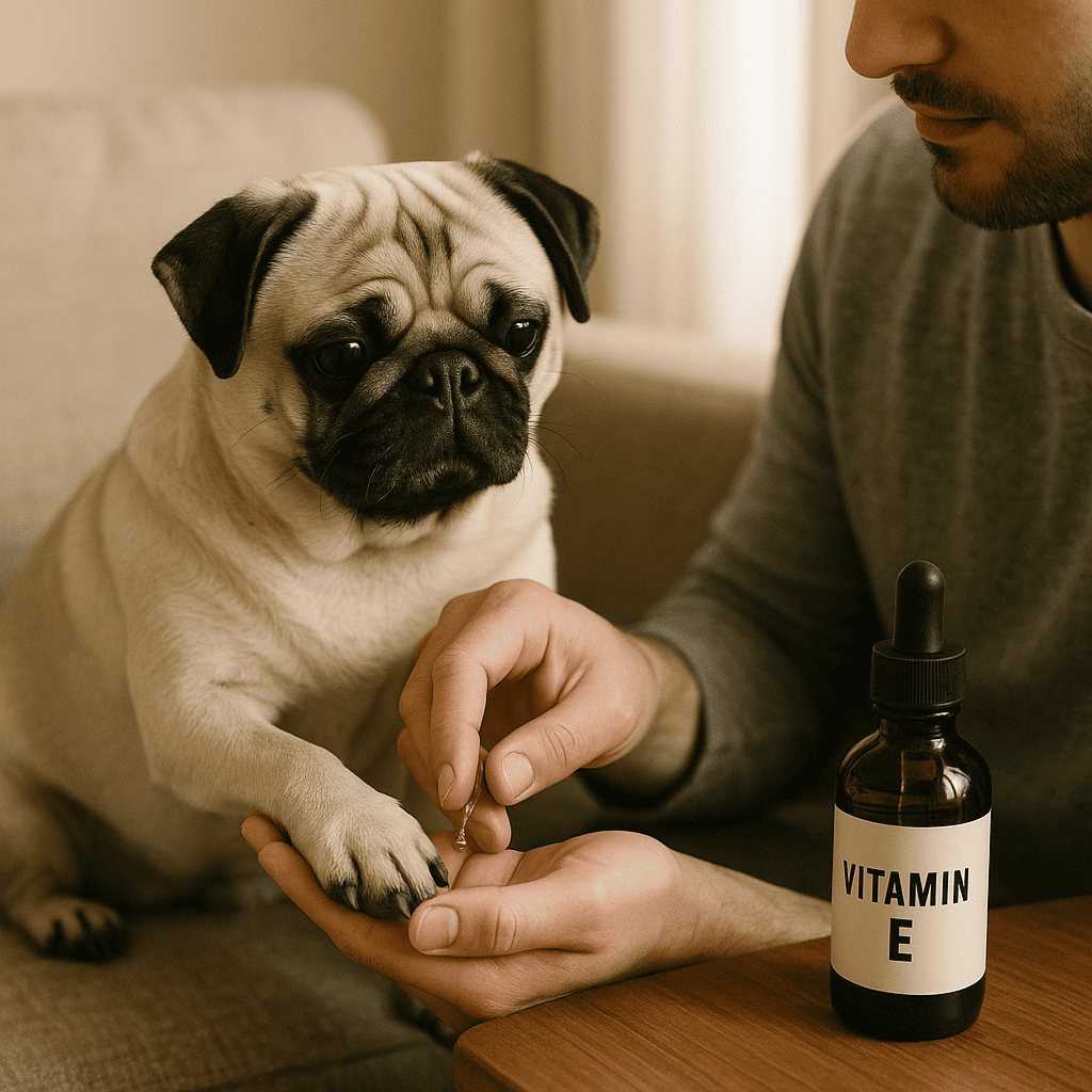 Vitamin E oil for dogs—pug getting paw treated beside vitamin E bottle; vet-approved safe topical use