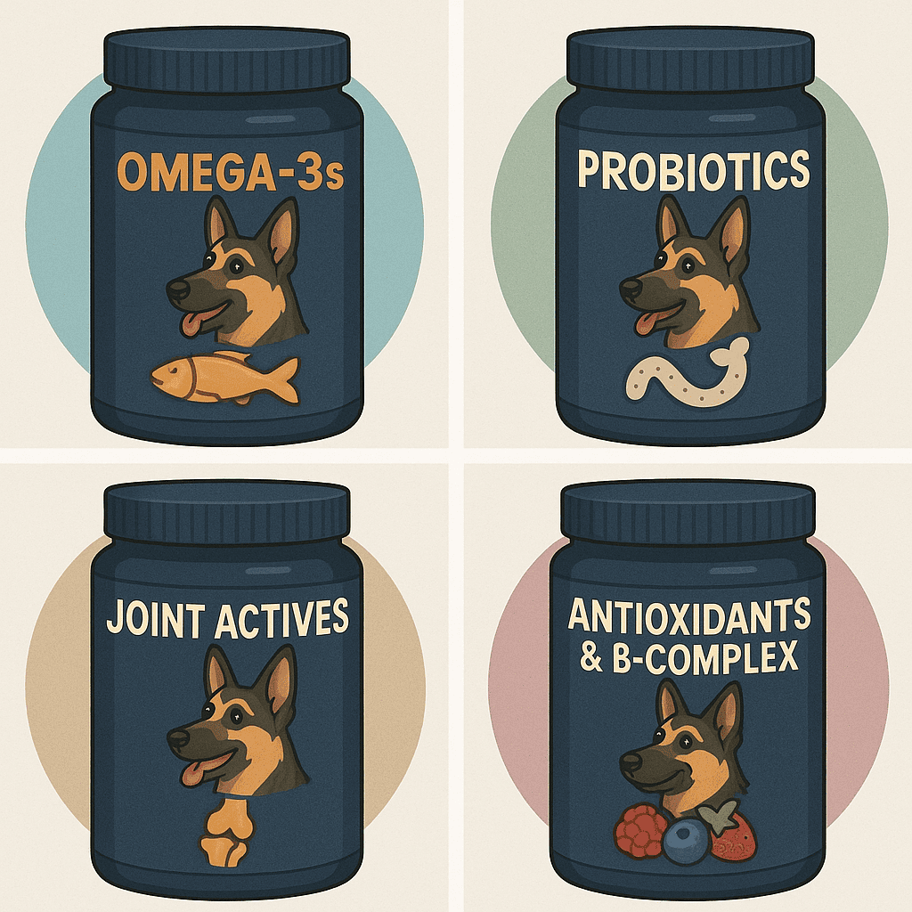 Must-have dog supplement ingredients—omega-3s, probiotics, joint actives, and antioxidants & B-complex—with safe dosage guide