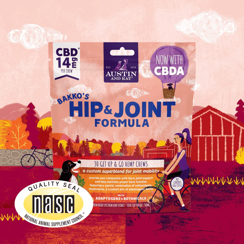 Austin & Kat Bakko’s hip & joint chews—14 mg CBD + 5.6 mg CBDA broad-spectrum with glucosamine, chondroitin, and MSM