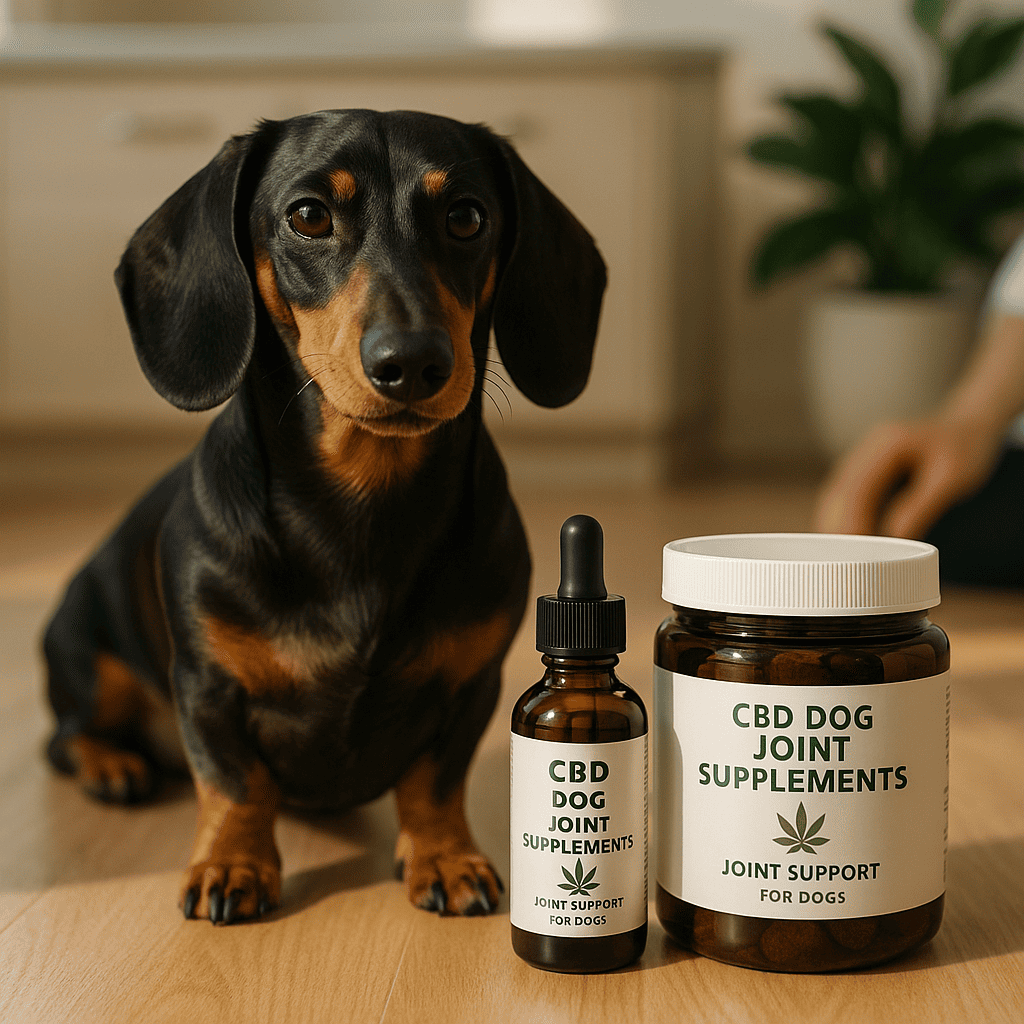 CBD dog joint supplements—dachshund beside CBD oil and joint support jar; vet-reviewed evidence, dosage, and product picks
